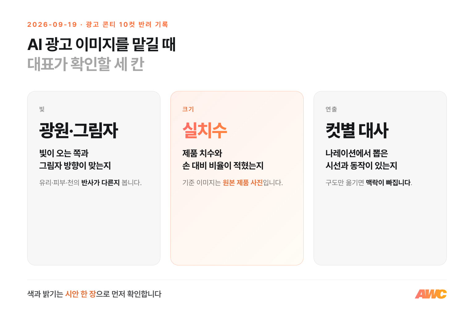 AI 광고 이미지를 맡길 때 대표가 확인할 세 칸: 빛과 그림자의 방향, 제품 실치수와 손 대비 비율, 컷마다 대사에서 뽑은 연출