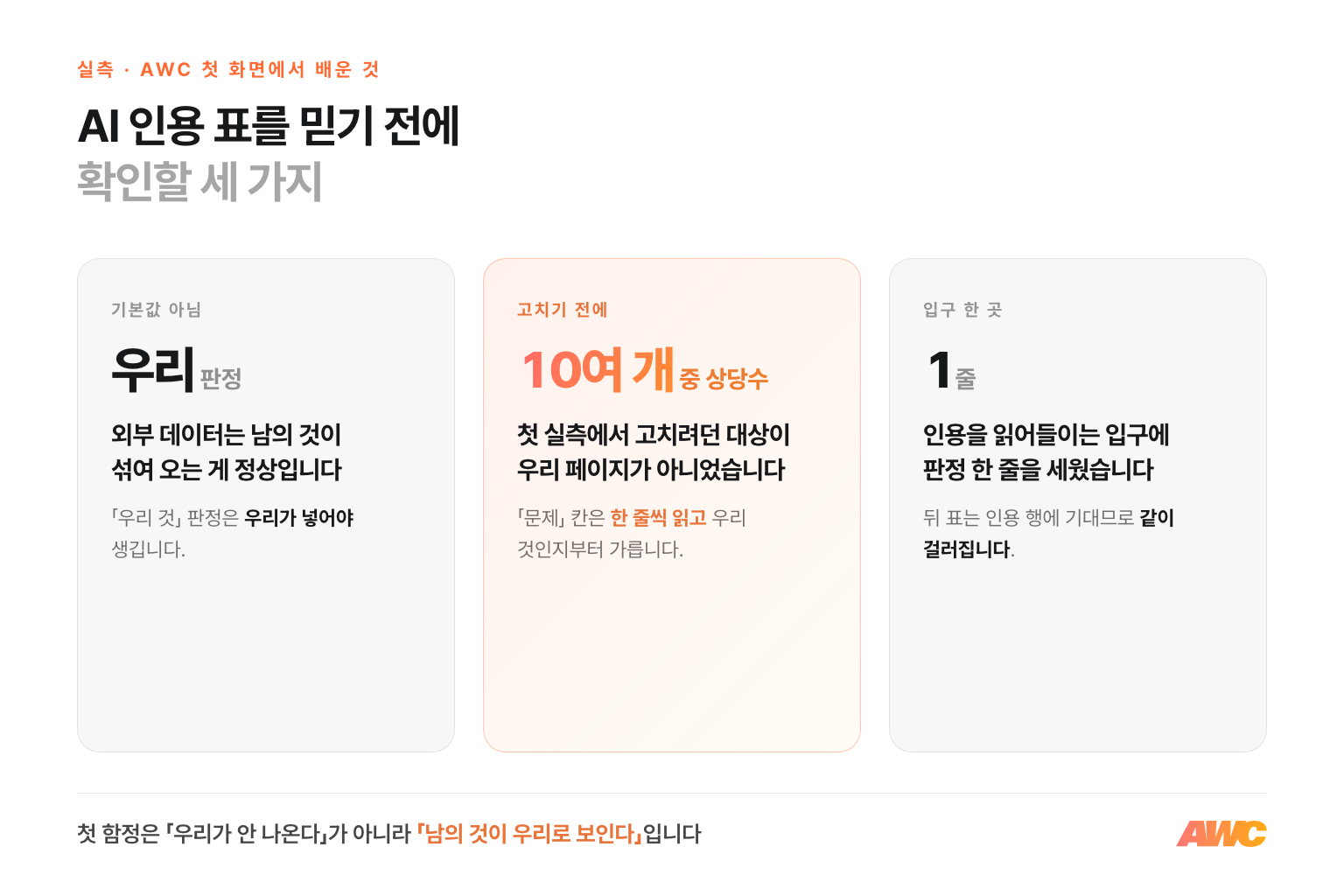 대표가 가져갈 세 칸: 우리는 기본값이 아니다, 고치기 전에 우리 것인지 본다, 입구에서 한 번 거른다