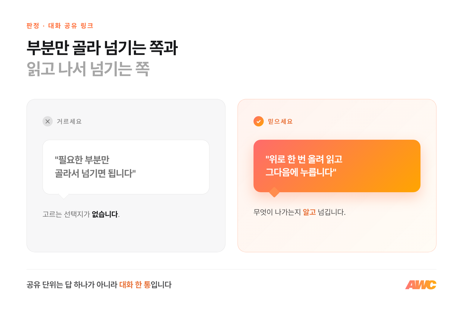 Claude 대화 공유 링크 판정 비교 — 필요한 부분만 골라 넘긴다는 말은 거르고, 위로 한 번 올려 읽은 뒤 누르는 쪽을 믿으세요
