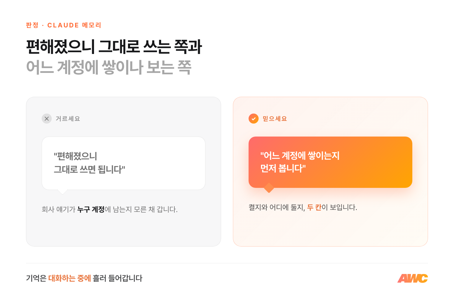 Claude 메모리 설정 첫 판정 비교 — 편해졌으니 그대로 쓰면 된다는 쪽은 거르고, 어느 계정에 쌓이는지 먼저 보는 쪽을 믿으세요