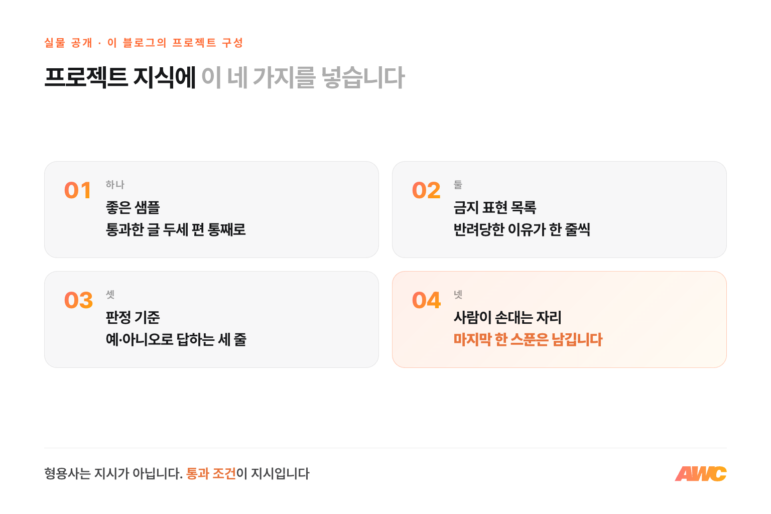 Claude 프로젝트 지식에 넣는 네 가지 — 좋은 샘플, 금지 표현 목록, 판정 기준, 그리고 사람이 손대는 자리
