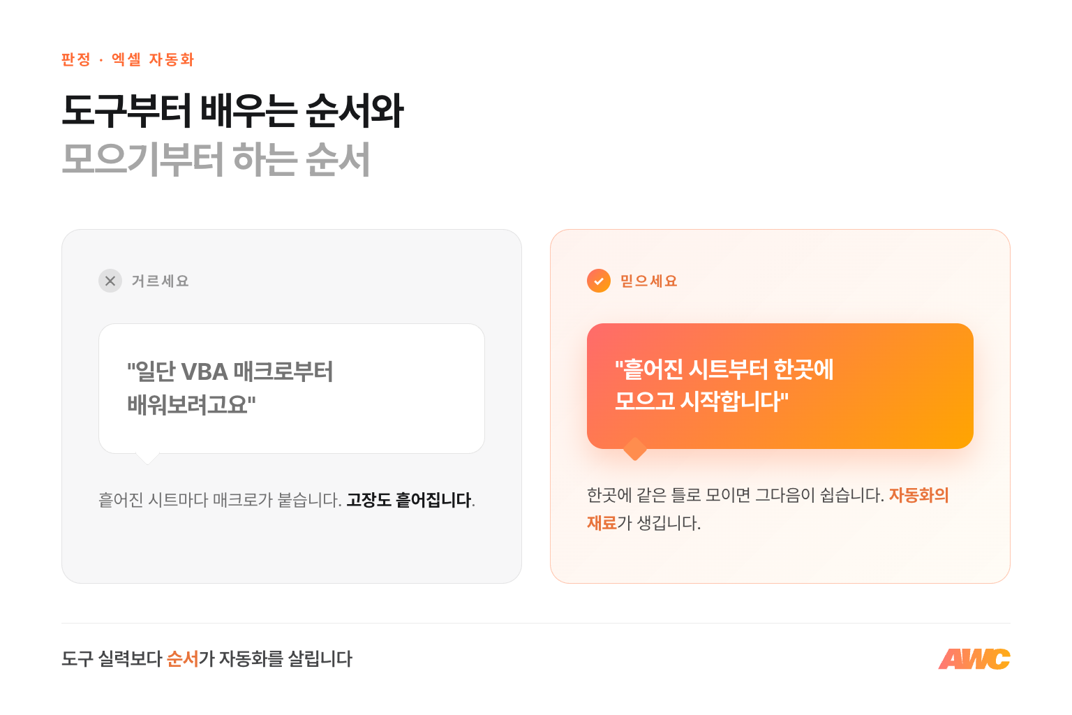 엑셀 자동화 판정 비교 — 일단 VBA 매크로부터 배우는 접근은 거르고, 흩어진 시트부터 한곳에 모으고 시작하는 접근을 믿으세요