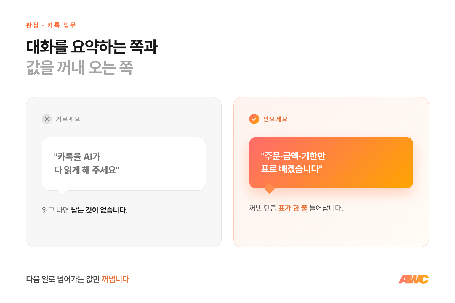 카톡 업무 자동화의 첫 판정 비교 — 카톡을 AI가 다 읽게 해 달라는 쪽은 거르고, 주문과 금액과 기한만 표로 빼겠다는 쪽을 믿으세요