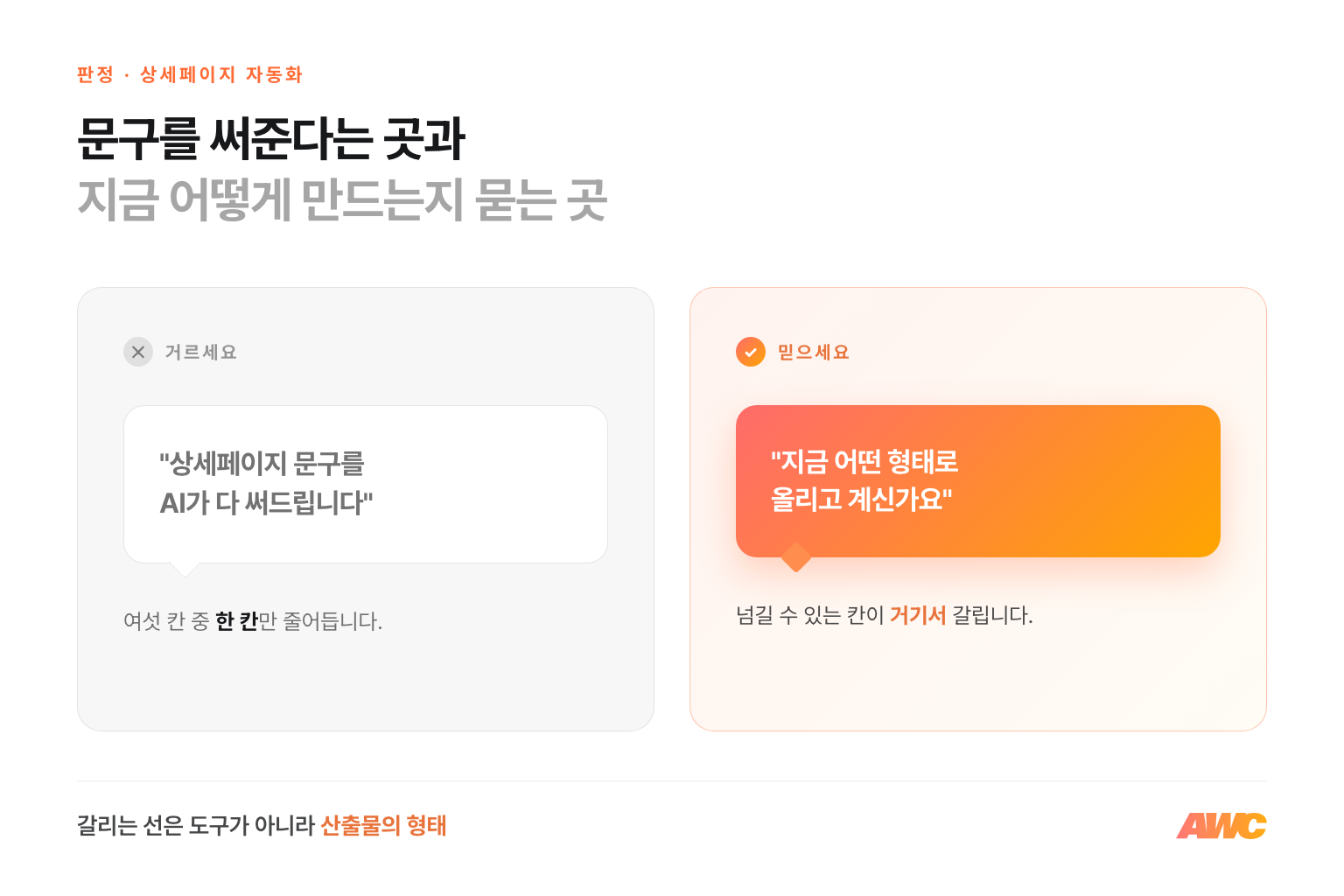 상세페이지 자동화 판정 비교 — 문구를 다 써드린다는 답변은 거르고, 지금 어떤 형태로 올리고 있는지 먼저 묻는 곳을 믿으세요