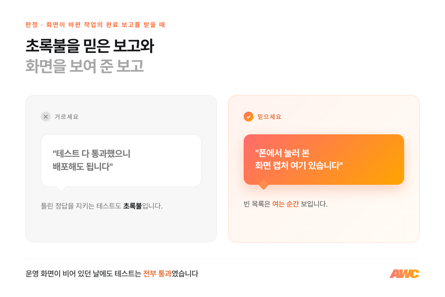 화면 작업 완료 판정: 「테스트 다 통과했으니 배포해도 됩니다」는 거르고, 「폰에서 눌러 본 화면 캡처 여기 있습니다」를 믿으세요