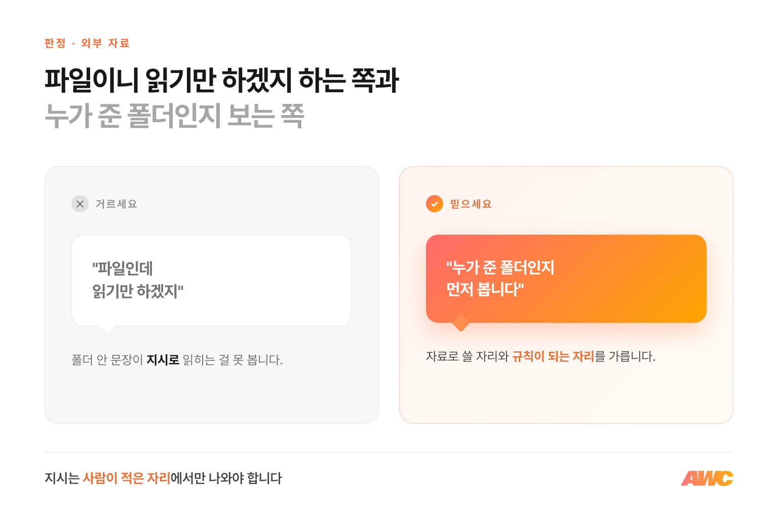 밖에서 온 자료를 AI에 물릴 때의 판정 비교 — 파일인데 읽기만 하겠지라는 말은 거르고, 누가 준 폴더인지 먼저 보는 쪽을 믿으세요