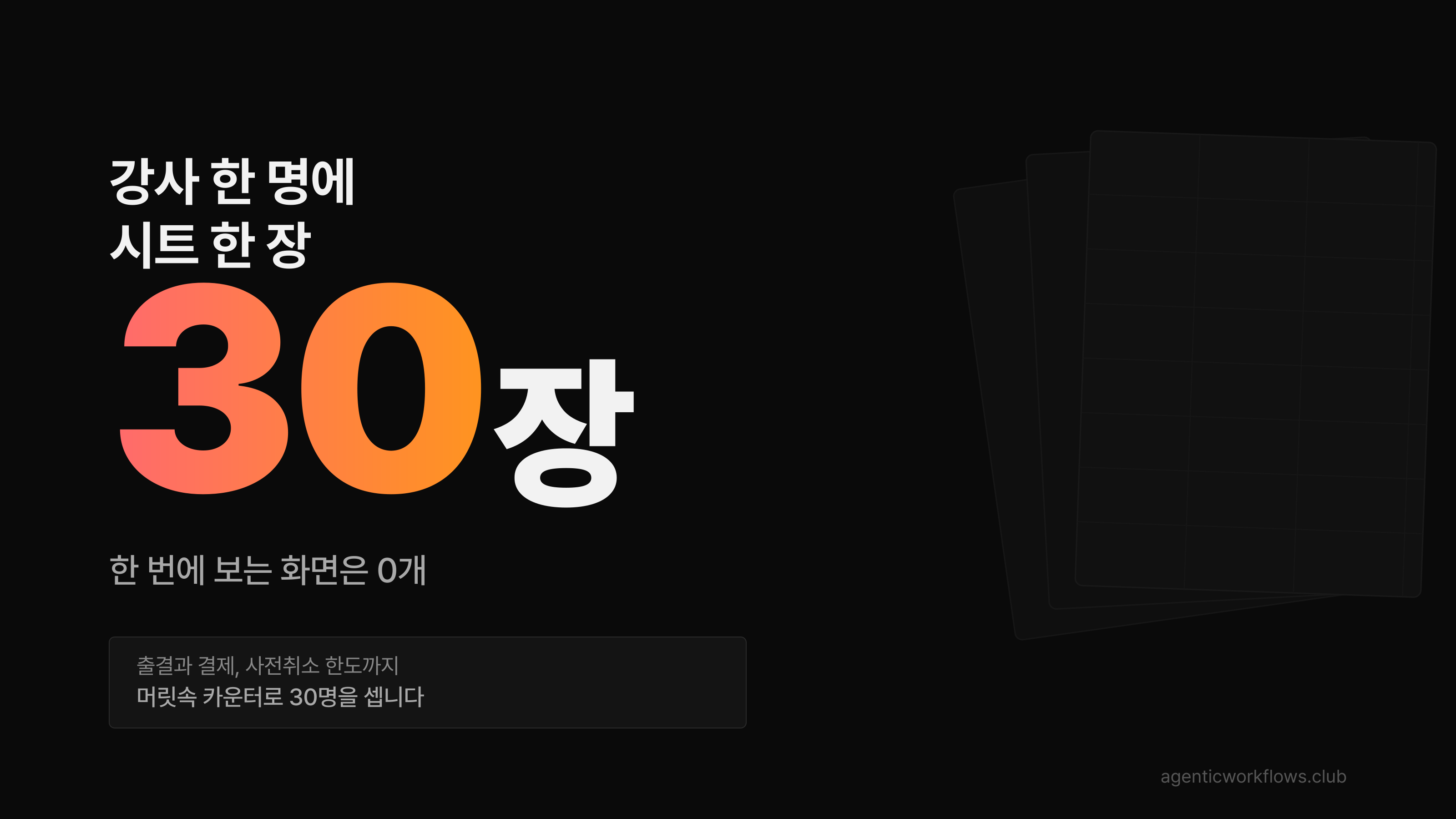 강사 한 명에 시트 한 장, 결국 시트 30장이 됐다는 페인을 빅 타이포 30장과 한 화면 0개로 보여주는 카드