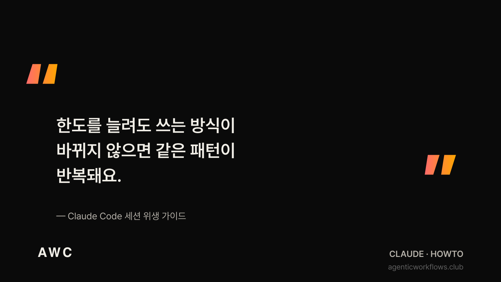 다크 카드에 큰따옴표 인용 — 한도를 늘려도 쓰는 방식이 바뀌지 않으면 같은 패턴이 반복돼요. Claude Code 세션 위생 가이드 출처
