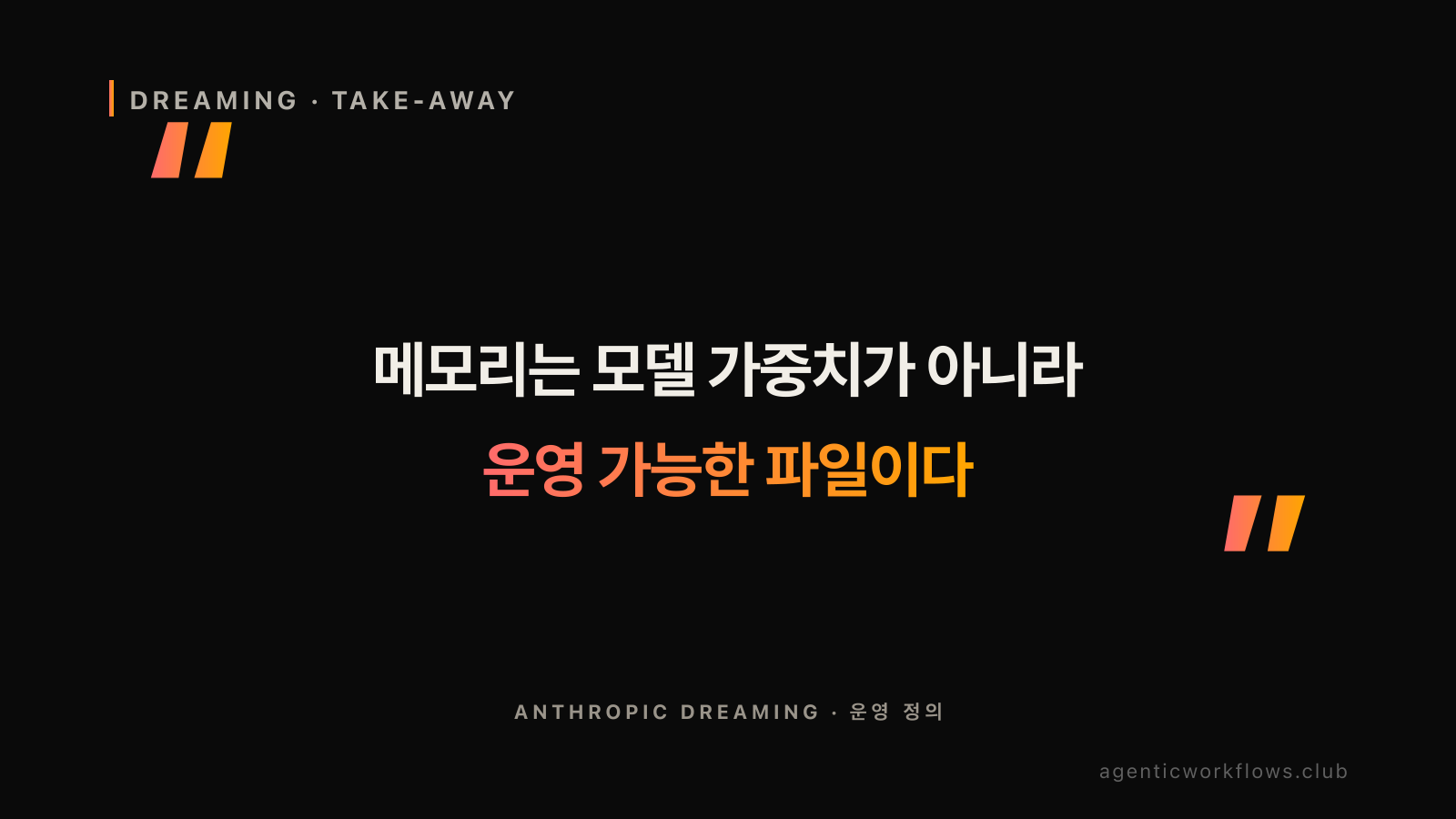Take-away 슬로건 인용 카드 — 메모리는 모델 가중치가 아니라 운영 가능한 파일이다. ANTHROPIC DREAMING의 운영 정의를 한 줄로 농축. 큰따옴표 양쪽 + warm gradient 강조 라인
